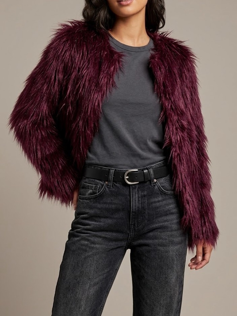 LANSHIFEI Burgundy Shag Faux Fur Jacket Open Front Coat Size XXXL 3XL Runs Small